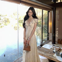 画像をギャラリービューアに読み込む, レースフリル 花柄レース マキシデートワンピース デートコーデ 着痩せ 大人エレガント
