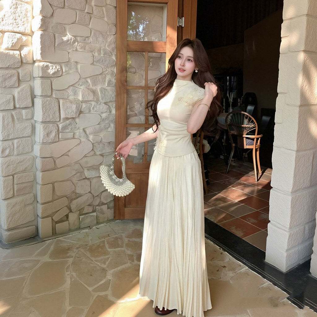 ノースリーブ ニット トップス ＆ プリーツ ロング スカート セットアップ 2点セット 半袖 高見え 上品大人可愛い お出かけ パーティー 結婚式  美シルエット