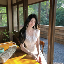 画像をギャラリービューアに読み込む, レース刺繍 Vネック ノースリーブ デートワンピース（ベスト付き）お出かけ デート 旅行 リゾート 結婚式
