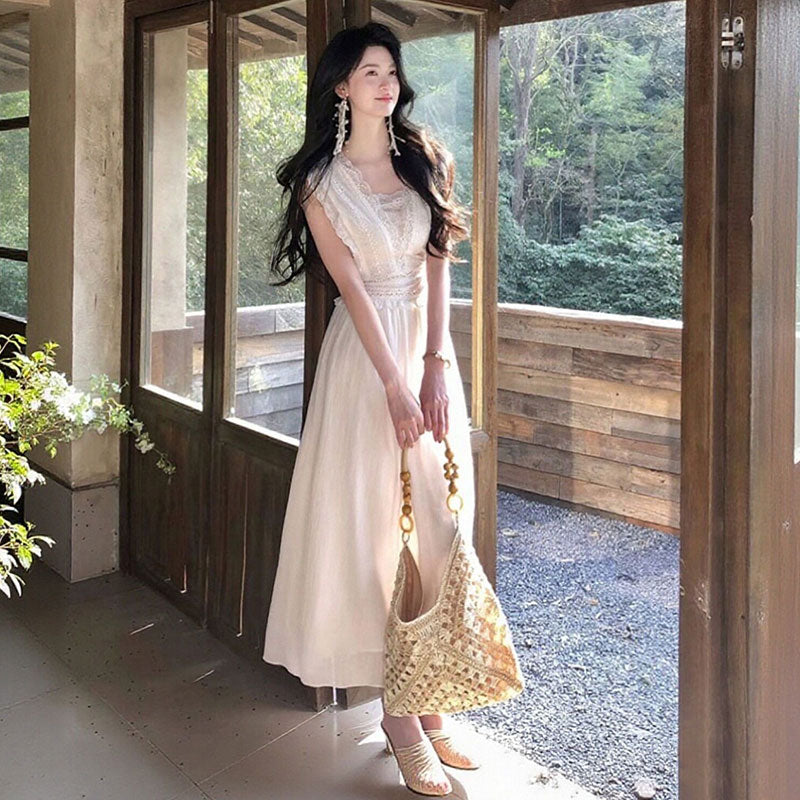レース刺繍 Vネック ノースリーブ デートワンピース（ベスト付き）お出かけ デート 旅行 リゾート 結婚式