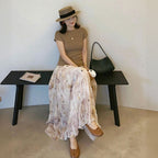 カシュクールニット半袖トップス + 花柄プリーツロングスカート 2 点セット 上品 オフィスカジュアル
