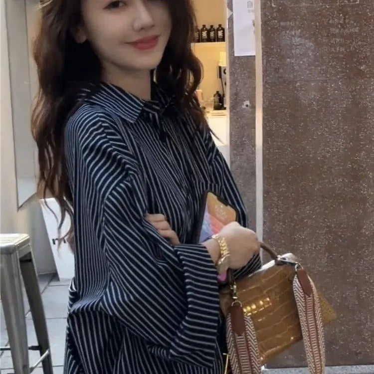 バックリボンストライプ柄シャツカジュアルトップス