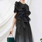 メッシュ花柄フリル裾半袖無地Tシャツトップス