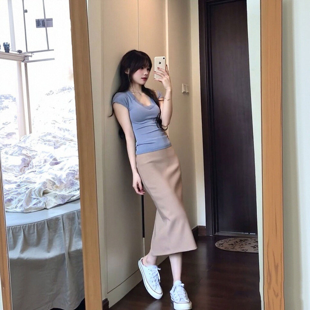 半袖Tシャツトップス+タイトミディスカート 上下セット 韓国ファッション スタイルアップ 着痩せ 大人カジュアル