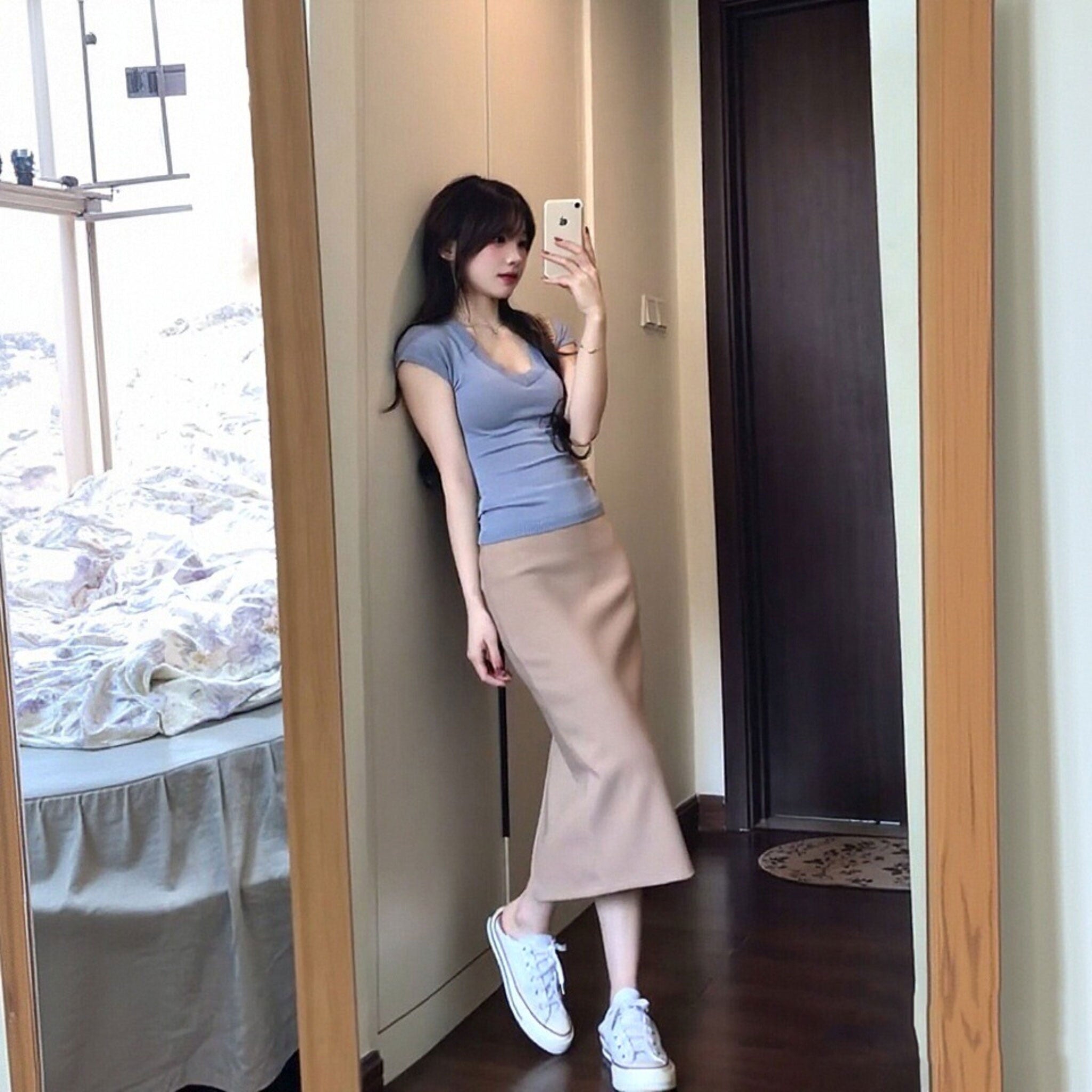 半袖Tシャツトップス+タイトミディスカート 上下セット 韓国ファッション スタイルアップ 着痩せ 大人カジュアル