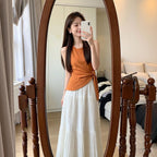 オレンジノースリーブトップス 白プリーツロングスカート セットアップ 韓国風 夏服 2 点セット