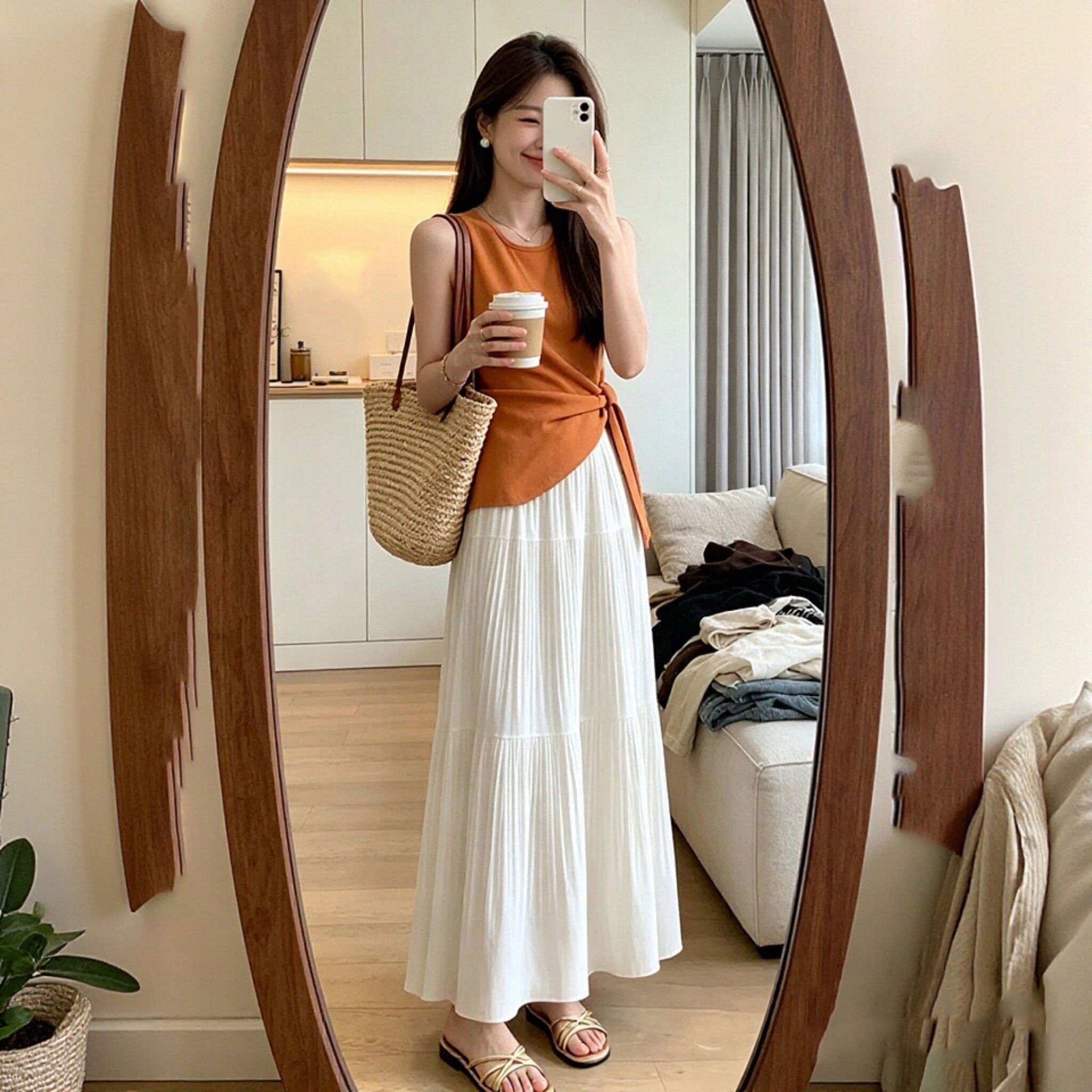 オレンジノースリーブトップス 白プリーツロングスカート セットアップ 韓国風 夏服 2 点セット