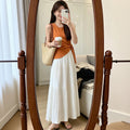 オレンジノースリーブトップス 白プリーツロングスカート セットアップ 韓国風 夏服 2 点セット