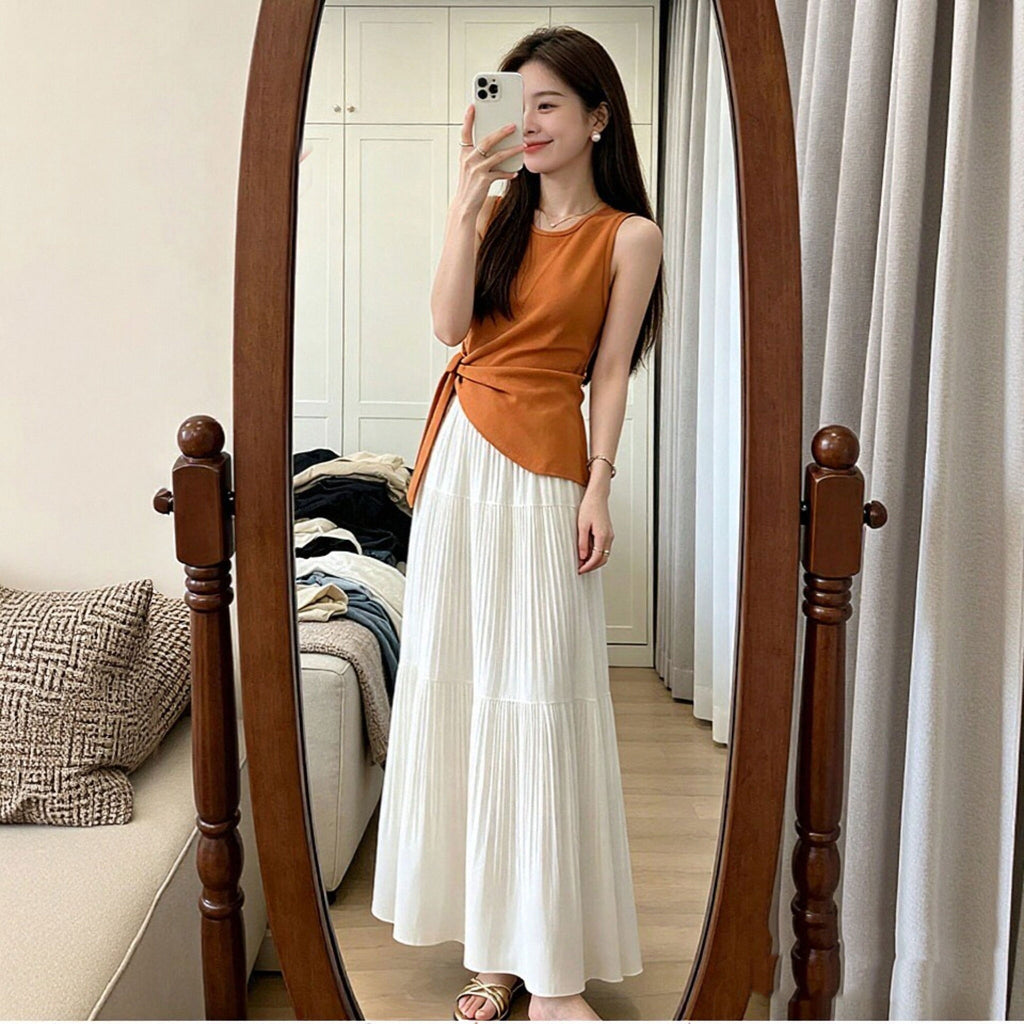 オレンジノースリーブトップス 白プリーツロングスカート セットアップ 韓国風 夏服 2 点セット
