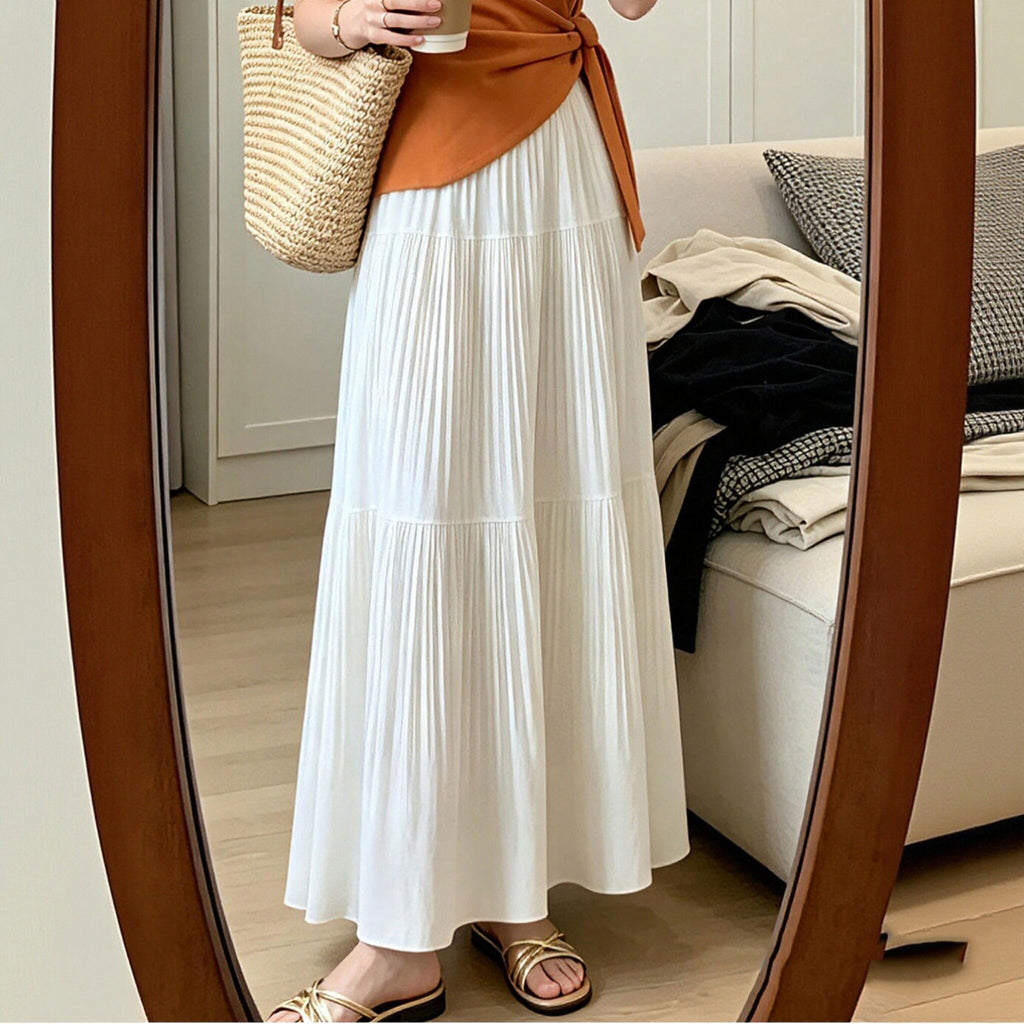 オレンジノースリーブトップス 白プリーツロングスカート セットアップ 韓国風 夏服 2 点セット