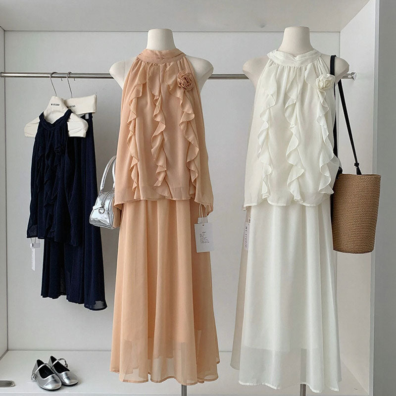大人可愛い ハルターネック ノースリーブ シフォントップス+フリルスカート セットアップ 花飾り
