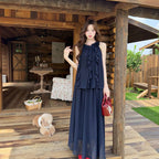 大人可愛い ハルターネック ノースリーブ シフォントップス+フリルスカート セットアップ 花飾り