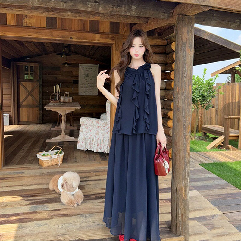 大人可愛い ハルターネック ノースリーブ シフォントップス+フリルスカート セットアップ 花飾り