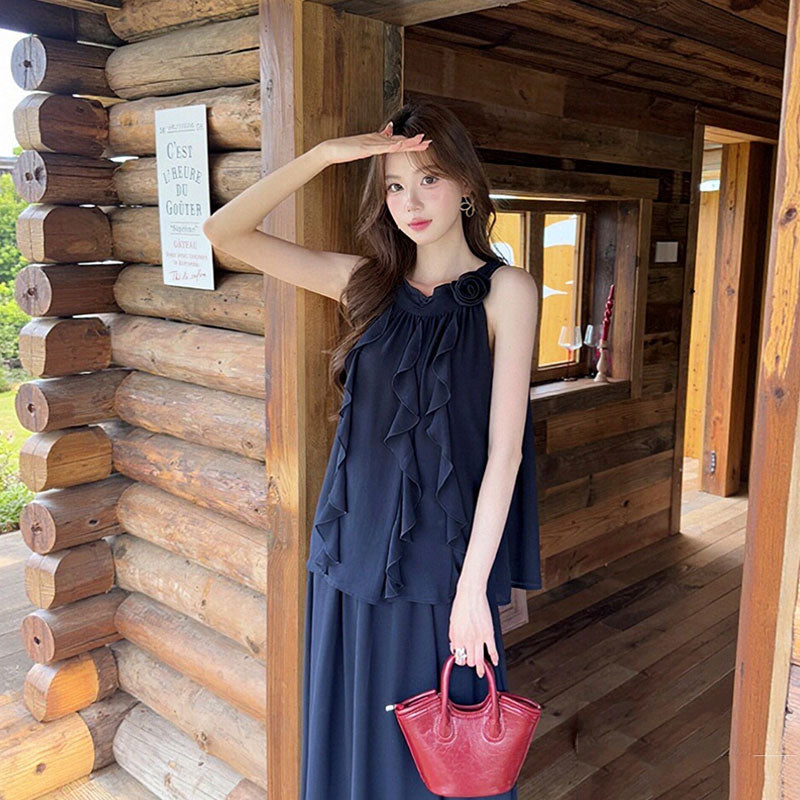 大人可愛い ハルターネック ノースリーブ シフォントップス+フリルスカート セットアップ 花飾り