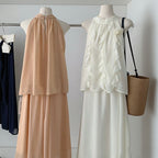 大人可愛い ハルターネック ノースリーブ シフォントップス+フリルスカート セットアップ 花飾り