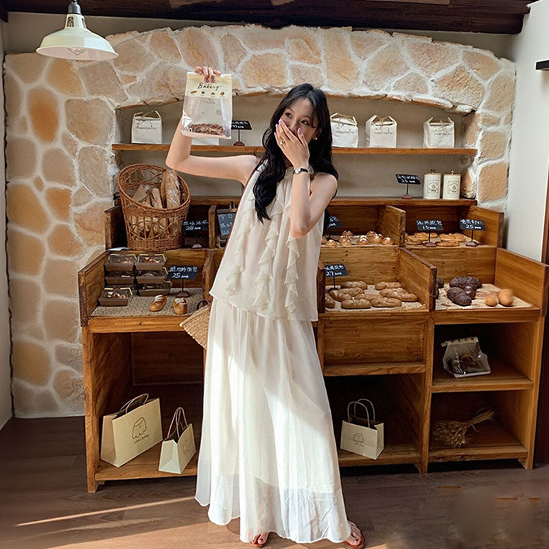 大人可愛い ハルターネック ノースリーブ シフォントップス+フリルスカート セットアップ 花飾り