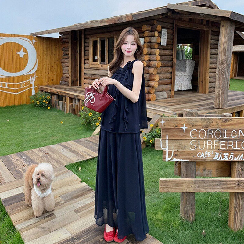 大人可愛い ハルターネック ノースリーブ シフォントップス+フリルスカート セットアップ 花飾り