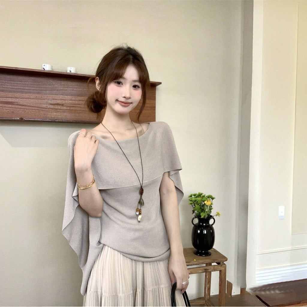 ケープ風 ニットトップス+ベージュプリーツロングスカート セットアップ 2 点セット