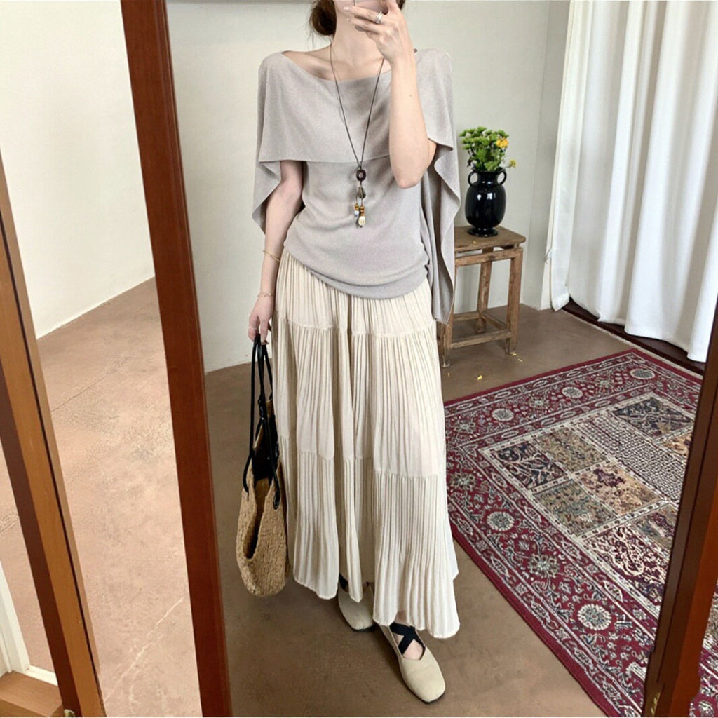 ケープ風 ニットトップス+ベージュプリーツロングスカート セットアップ 2 点セット