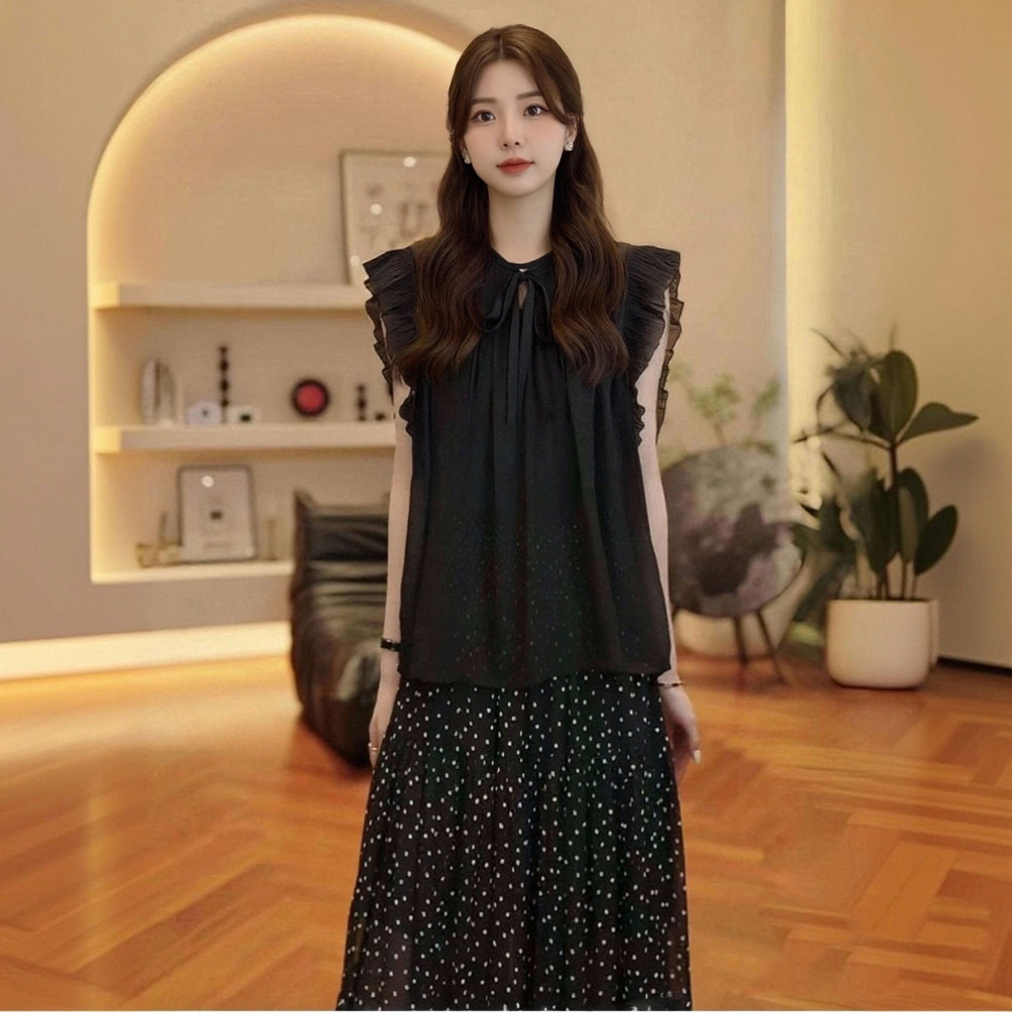 ブラック フリル袖ブラウス(キャミソール付き） × 水玉プリーツスカート セットアップ 2 点セットデート・お出かけ