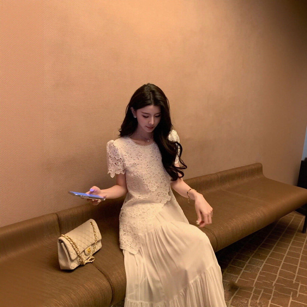 レーストップス セットアップ ホワイト ロングスカート エレガント ワンピース風 セット 大人可愛い デート 結婚式 お呼ばれ フォーマル