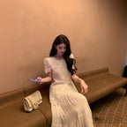 レーストップス セットアップ ホワイト ロングスカート エレガント ワンピース風 セット 大人可愛い デート 結婚式 お呼ばれ フォーマル