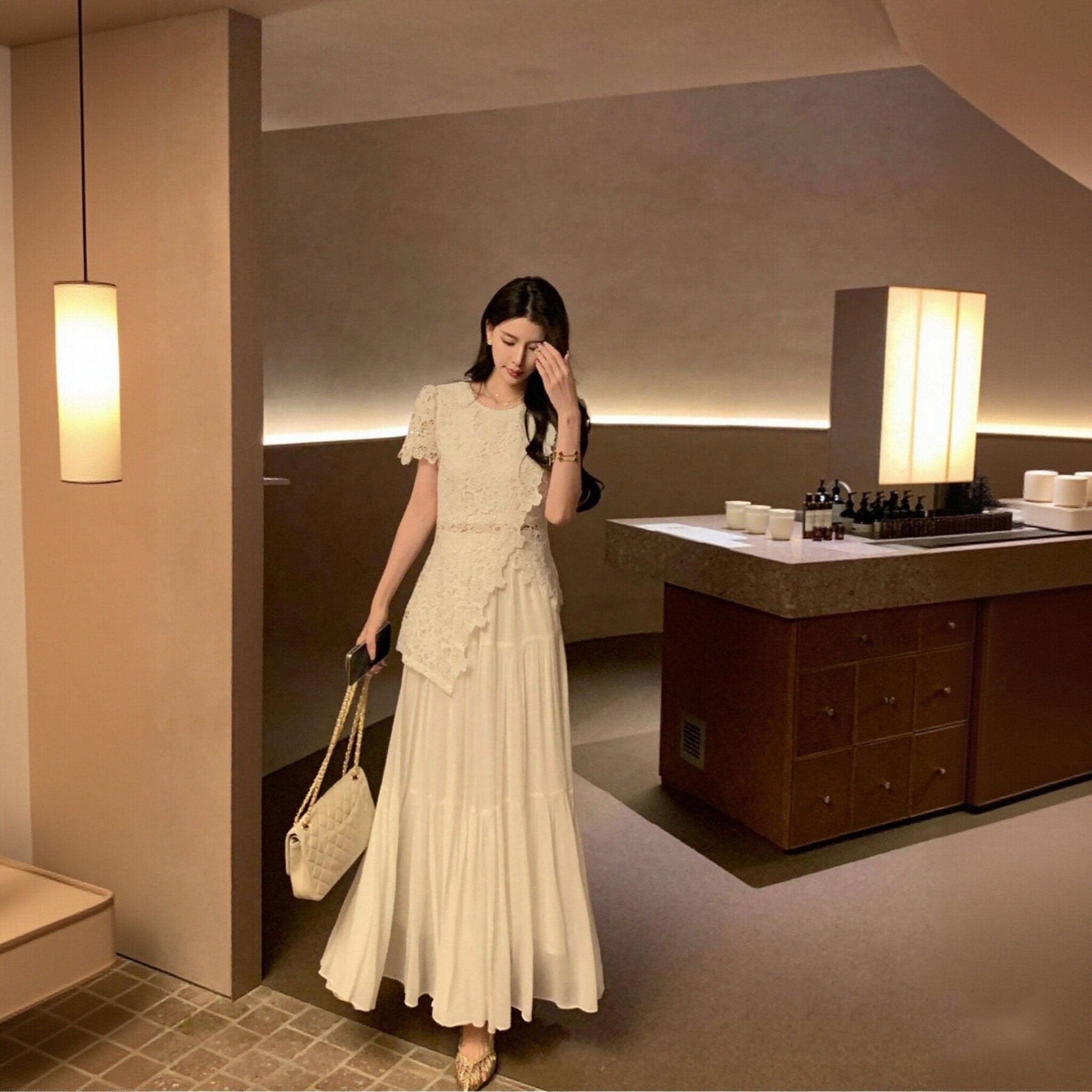 レーストップス セットアップ ホワイト ロングスカート エレガント ワンピース風 セット 大人可愛い デート 結婚式 お呼ばれ フォーマル