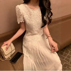 レーストップス セットアップ ホワイト ロングスカート エレガント ワンピース風 セット 大人可愛い デート 結婚式 お呼ばれ フォーマル