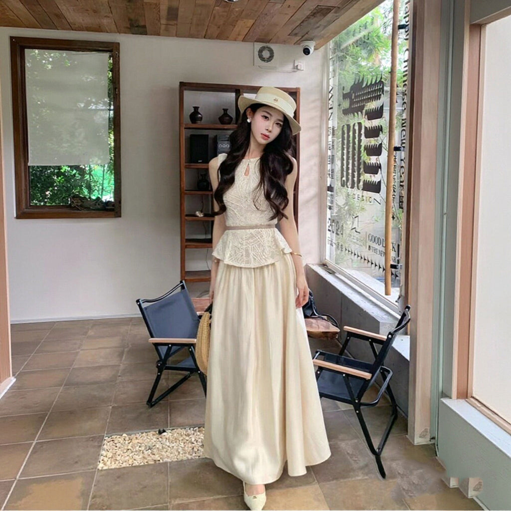 レーストップス × ロングスカート セットアップエレガント 大人可愛い（ベルト付き）