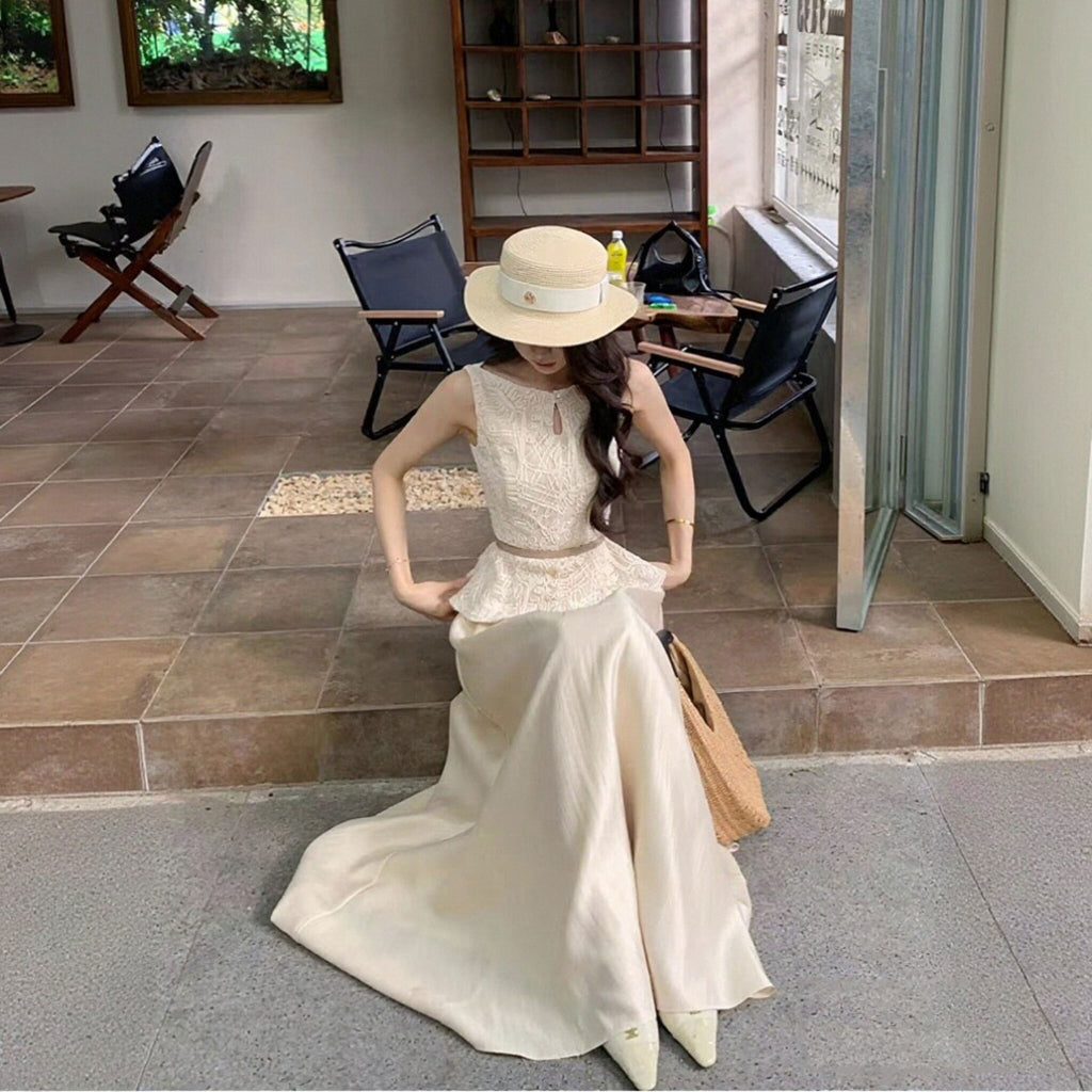 レーストップス × ロングスカート セットアップエレガント 大人可愛い（ベルト付き）