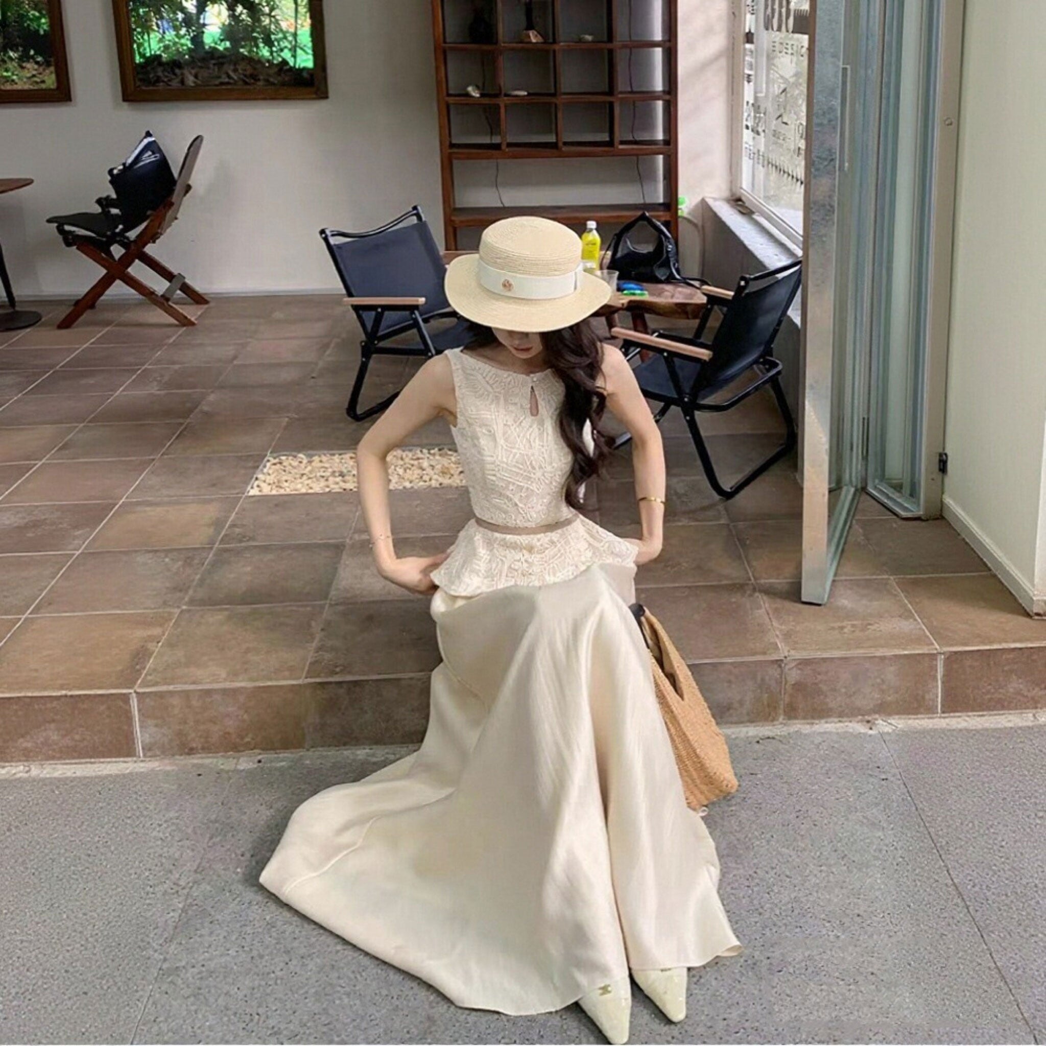 レーストップス × ロングスカート セットアップエレガント 大人可愛い（ベルト付き）