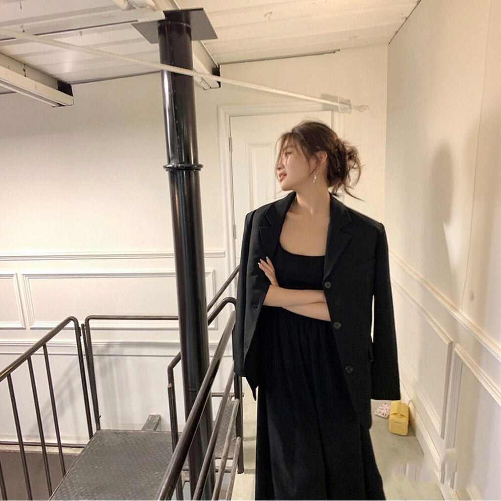 キャミソールワンピース ロング丈 ブラック バックリボン 体型カバー 大人エレガントデート お出かけ 韓国風