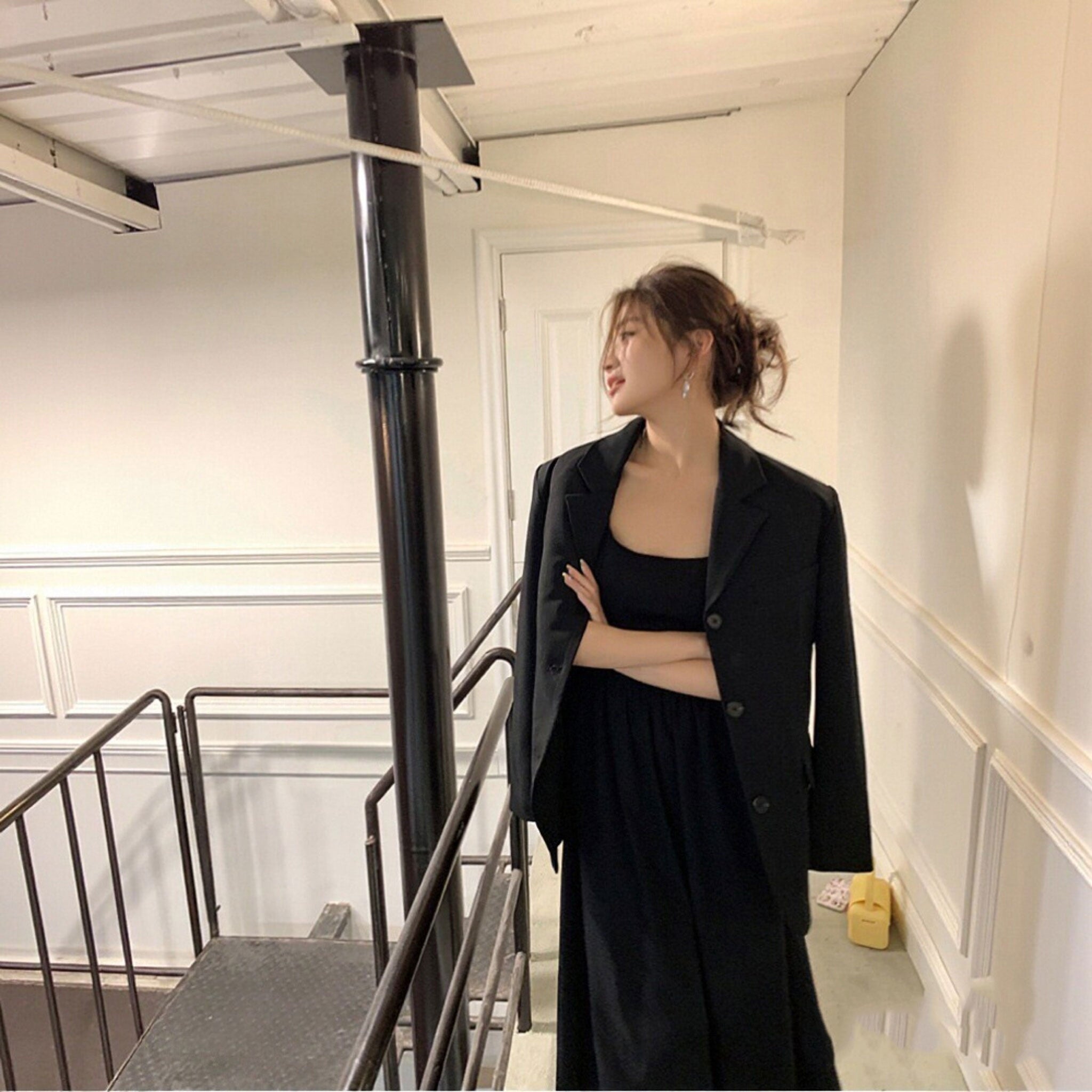 キャミソールワンピース ロング丈 ブラック バックリボン 体型カバー 大人エレガントデート お出かけ 韓国風
