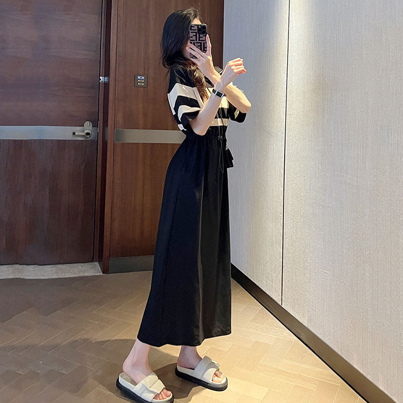 配色切替半袖カジュアルデートワンピース日常コーデ
