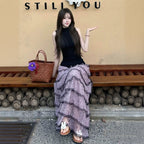 【上下セット】ノースリーブトップス × レースケーキスカート パープル エレガント セットアップ