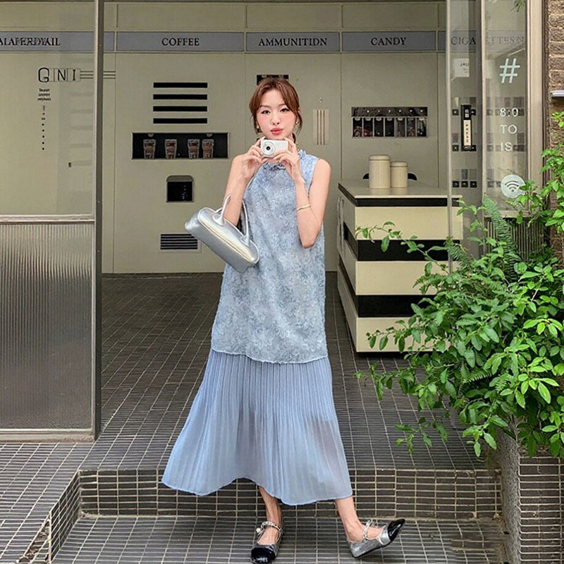重ね風花柄ノースリーブ切り替えプリーツスカートカジュアルワンピース