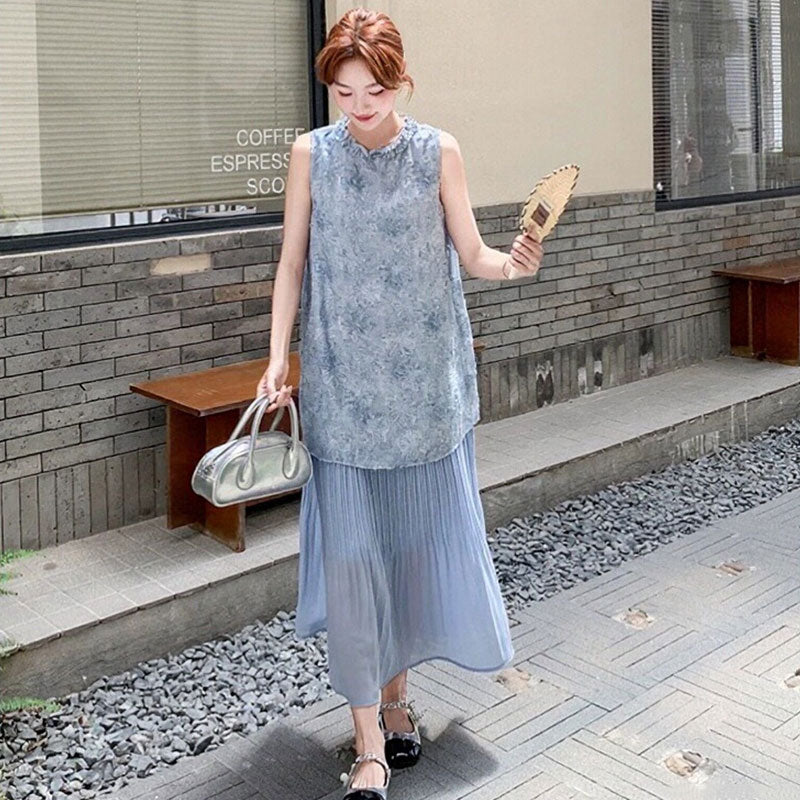 重ね風花柄ノースリーブ切り替えプリーツスカートカジュアルワンピース