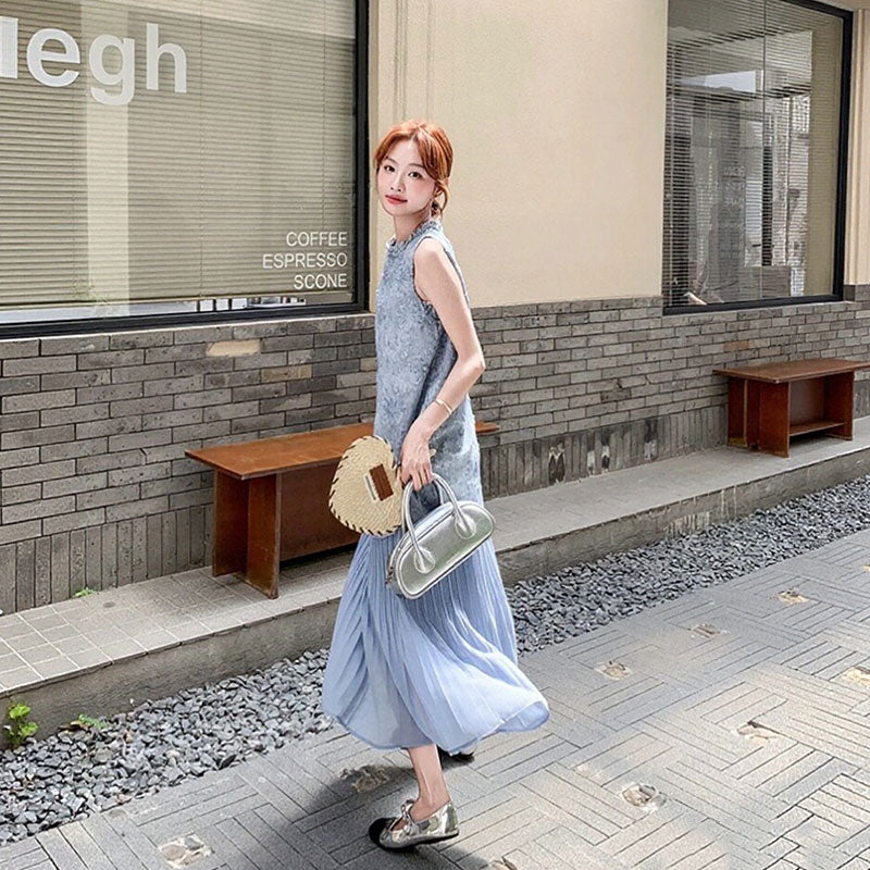 重ね風花柄ノースリーブ切り替えプリーツスカートカジュアルワンピース