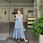 重ね風花柄ノースリーブ切り替えプリーツスカートカジュアルワンピース