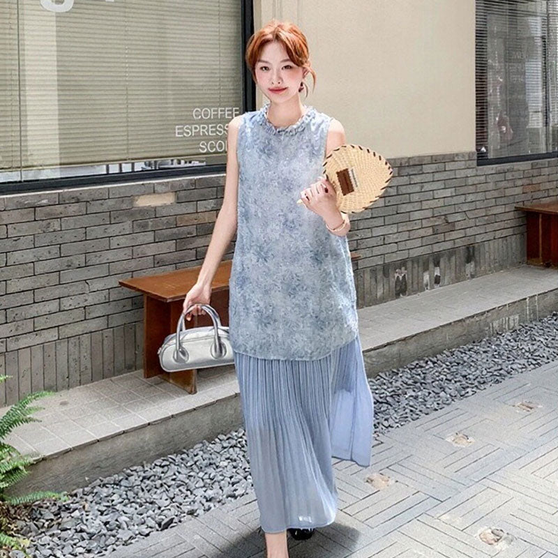 重ね風花柄ノースリーブ切り替えプリーツスカートカジュアルワンピース