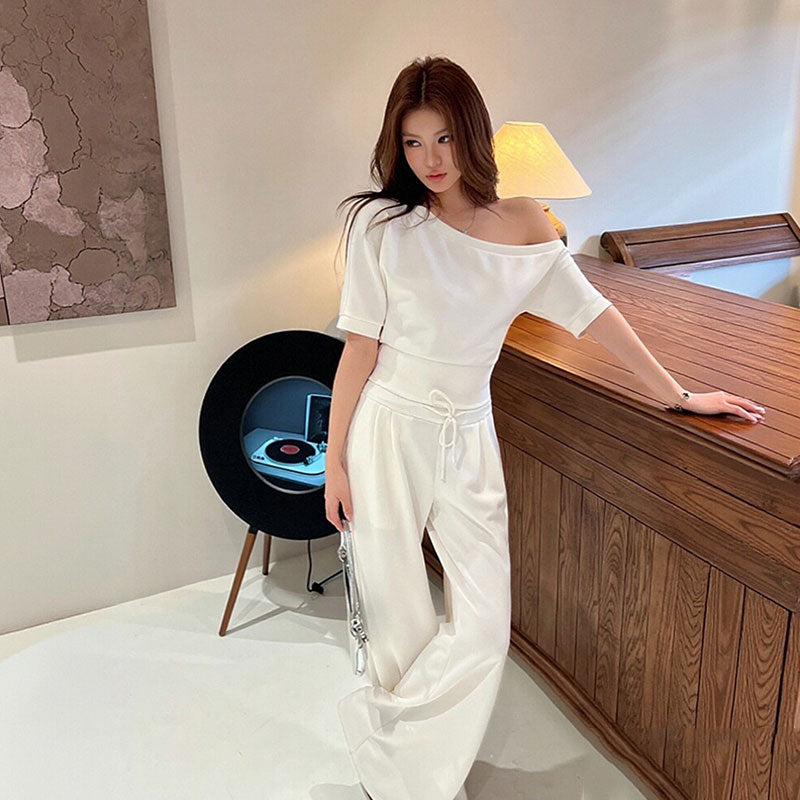 オフショルダー クロップドトップス × ワイドパンツ セットアップ ホワイト 韓国風 2 点セット