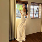 オフショルダー クロップドトップス × ワイドパンツ セットアップ ホワイト 韓国風 2 点セット