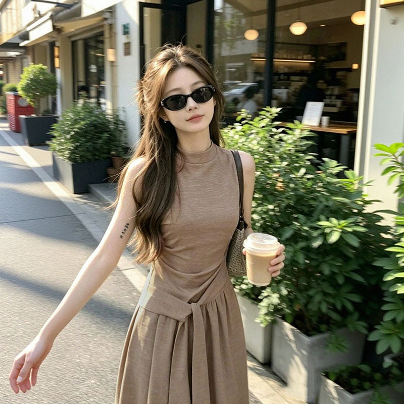 ノースリーブ リボンウエスト ロングデートワンピース