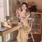 ドット柄大人可愛い フレンチ風デートワンピースフリル ロング丈着痩せ デート