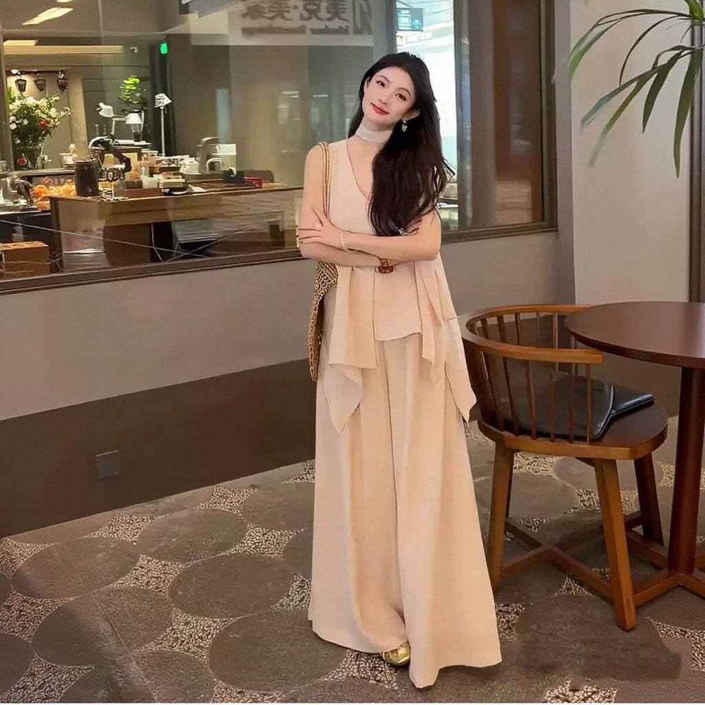 ネクタイノースリーブトップス × ワイドパンツ セットアップ韓国風 ゆったり 体型カバー