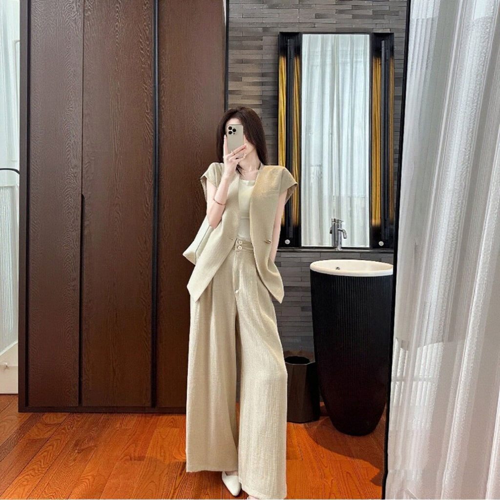 【セットアップ】ノーカラーベスト＋ワイドパンツ ベージュ レディース オフィス 上品 大人コーデ