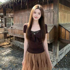 【3点セットアップ】リボンレース切り替えキャミソール+ケープ半袖トップス + ドット柄チュールスカート レディース ガーリー 大人可愛い