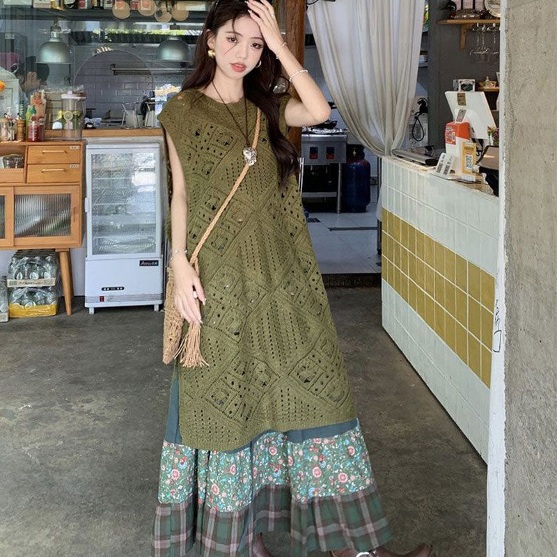 レトロロングケーブルトップスワンピース＆エスニック花柄Aラインスカートセットアップ