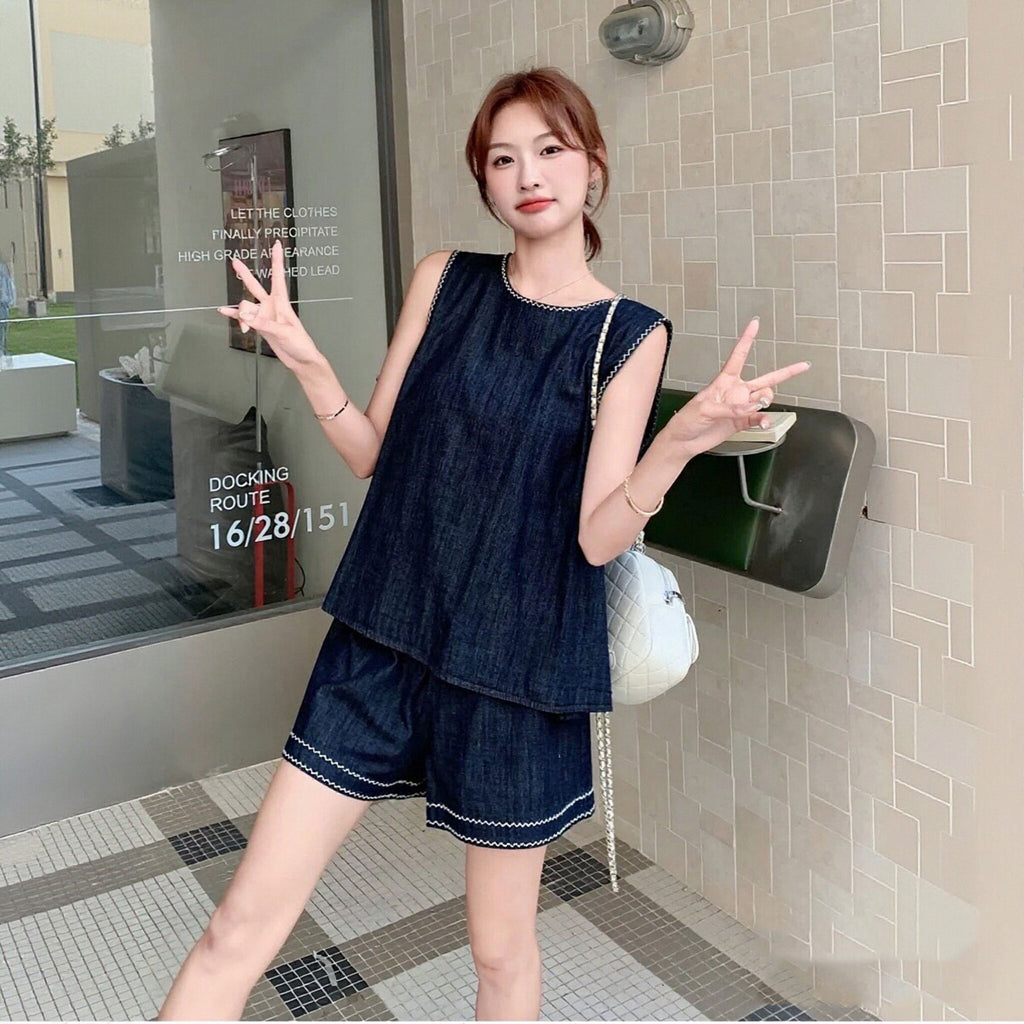 【セットアップ】ノースリーブトップス + ショートパンツ 2 点セット  バックボタン ゆったり レディース