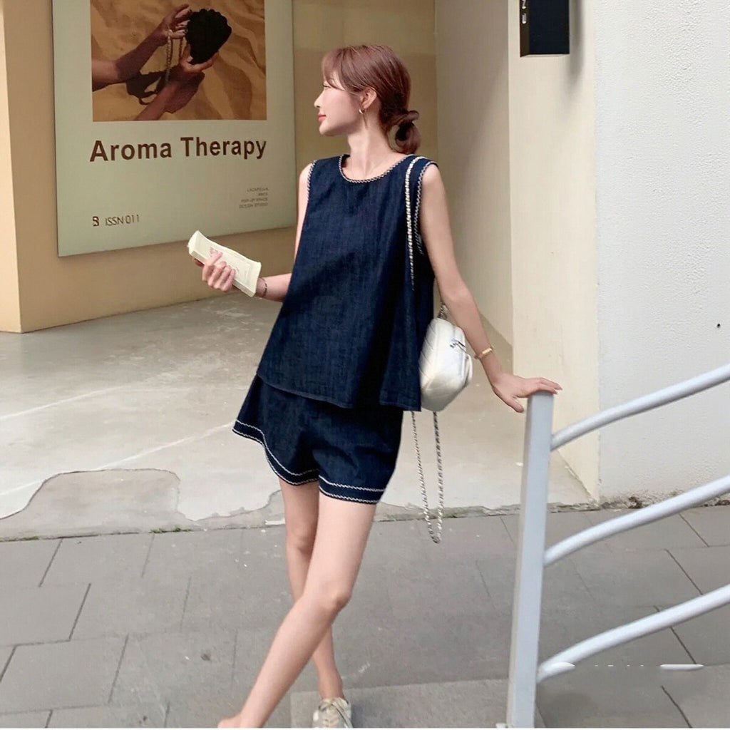 【セットアップ】ノースリーブトップス + ショートパンツ 2 点セット  バックボタン ゆったり レディース